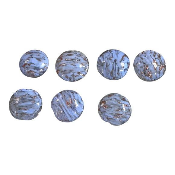 Handcrafted Lampwork Glass Beads - Set Of 7 - Blue & Copper Swirls Flat Discs - Picture 1 of 6
